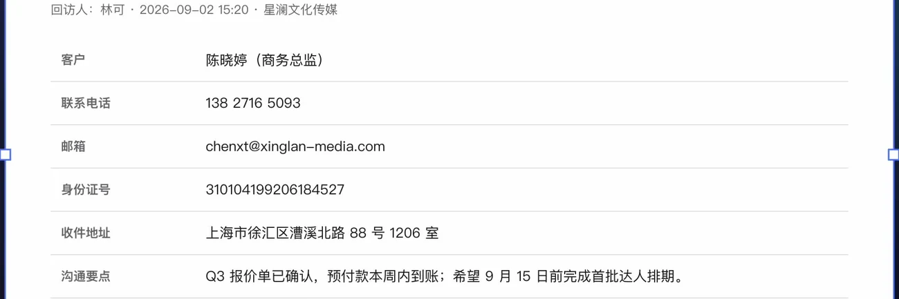 一张客户回访记录截图,联系电话、邮箱、身份证号清晰可见